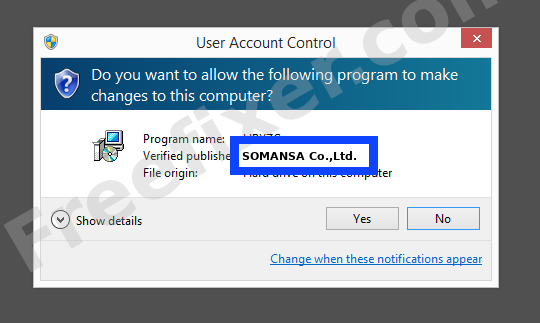 Screenshot where SOMANSA Co.,Ltd. appears as the verified publisher in the UAC dialog